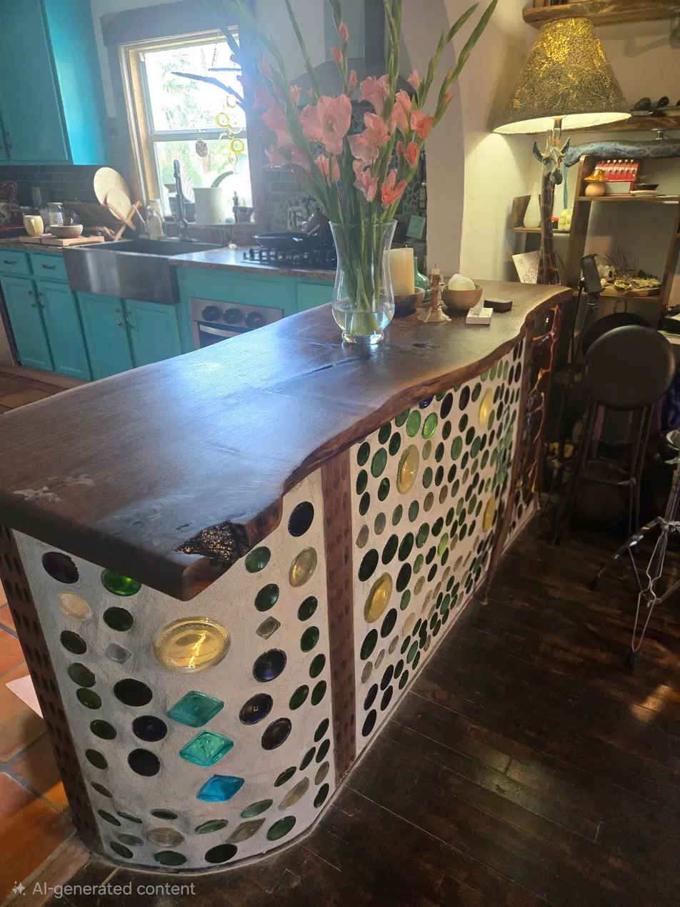 Live-edge black walnut bar top with reclaimed bottle-glass base